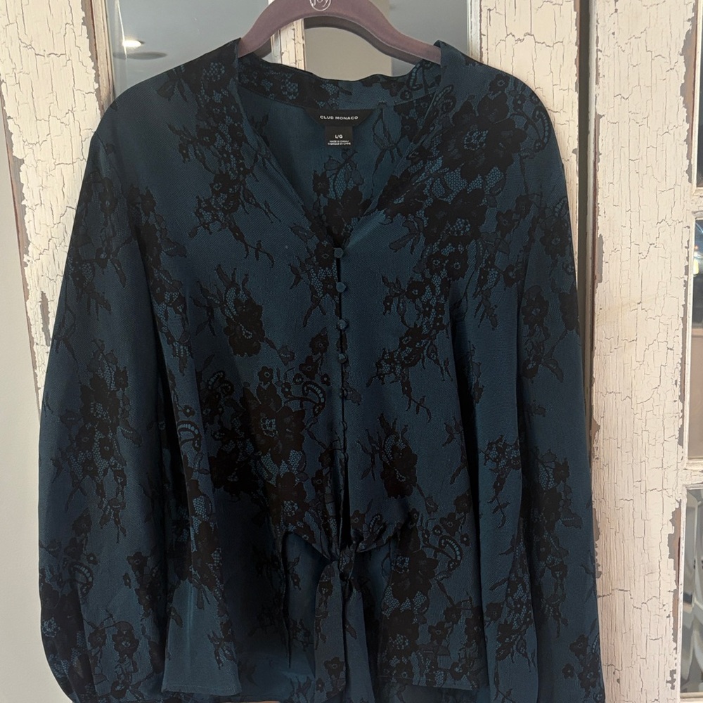 Club Monaco Elegant dark Teal and Black Floral Blouse